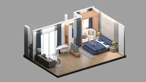 Isometric view of a master bedroom and living area,residential area, 3d ren.. Stock Illustration