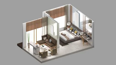 Isometric view of a master bedroom and living area,residential area, 3d ren.. Stock Illustration