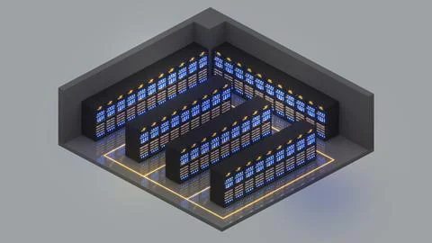 Isometric view of a medium size server room,Data Center With Multiple Rows .. Stockillustratie