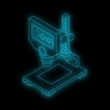 Isometric view of a microscope with blue neon glowing lines 스톡 일러스트