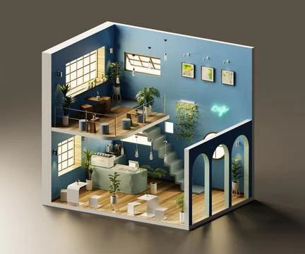 Isometric view minimal cafe store open inside interior architecture, 3d ren.. Stock Illustration