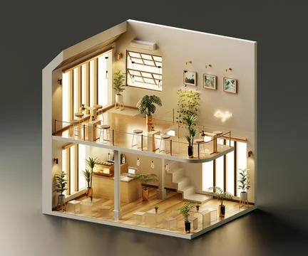 Isometric view minimal cafe store open inside interior architecture, 3d ren.. Stock Illustration