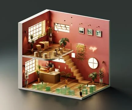 Isometric view minimal cafe store open inside interior architecture, 3d ren.. Stock Illustration