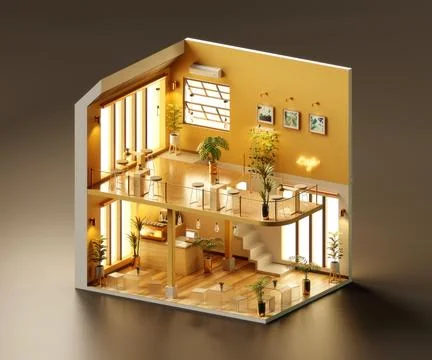 Isometric view minimal cafe store open inside interior architecture, 3d ren.. Stock Illustration