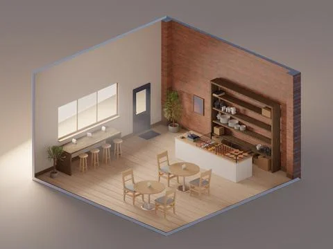 Isometric view minimal loft cafe store. open inside interior architecture, 3d Stock Illustration