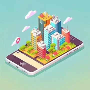 Isometric view of a mobile application with a city Stock Illustration