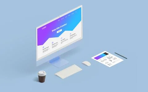 Isometric view of a modern computer displaying a web page creator interface Stock Photos