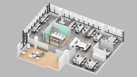Isometric view of a office area,reception and meeting room, 3d rendering. Stock Illustration