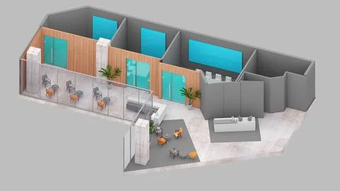Isometric view of a office space and meeting room,reception area, 3d renderin Stock Illustration