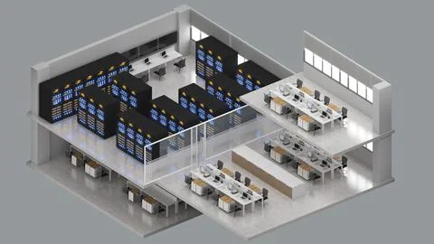 Isometric view of a office space and large server room,Data Center With Multi Stock Illustration