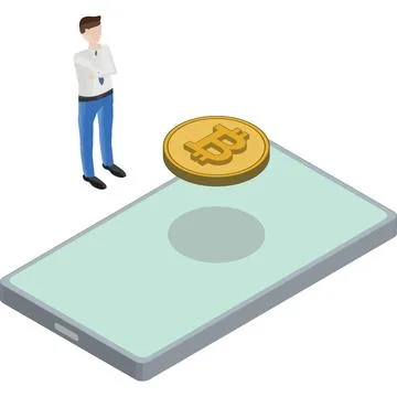 Isometric view of Phone Bitcoin Floating Back Man Thinking Stock Illustration