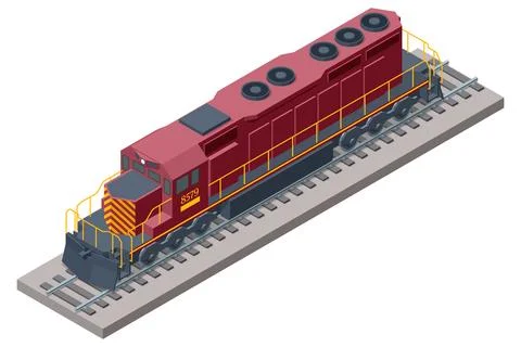 Isometric view of a powerful dark red diesel locomotive on a railway track. This 스톡 일러스트