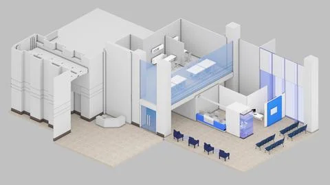 Isometric view of a Reception hall and office space,work area, 3d rendering. Stock Illustration