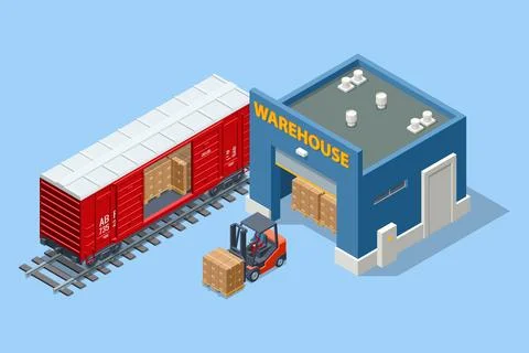Isometric view of a red boxcar at a warehouse facility. A forklift moves cargo Stock Illustration