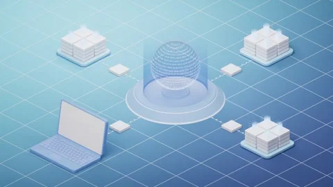 Isometric view of a server room with a laptop and multiple server racks con.. Stock Footage 332315685