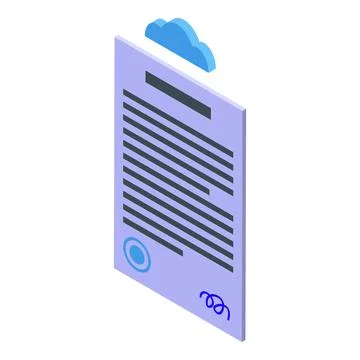 Isometric view of a signed digital contract with cloud storage integration, e Stock Illustration