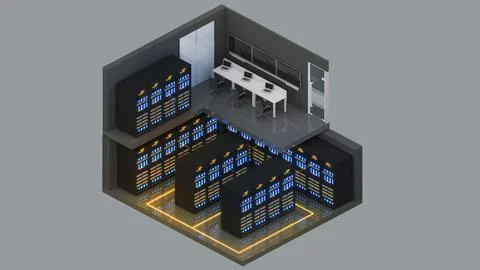 Isometric view of a small  server room and control room,Data Center With Mult Illustrazione stock