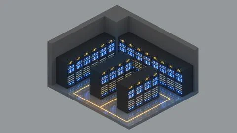 Isometric view of a small size server room,Data Center With Multiple Rows of  Stock Illustration