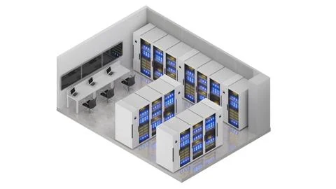 Isometric view of a small size server room,Data Center With Multiple Rows o.. Foto stock