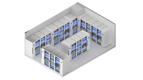 Isometric view of a small size server room,Data Center With Multiple Rows o.. Foto stock