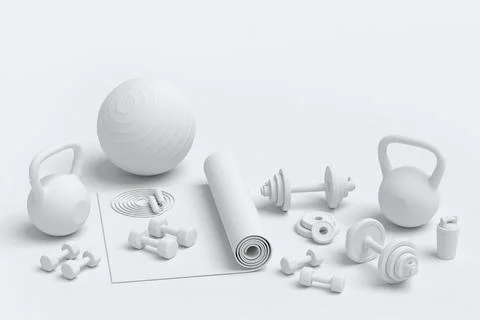 Isometric view of sport equipment like kettlebell, fitness ball and yoga mat Stock Illustration