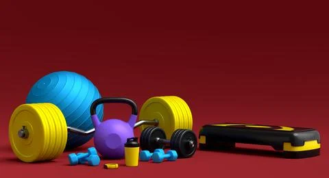 Isometric view of sport equipment like kettlebell, fitness ball and yoga mat Stock Illustration