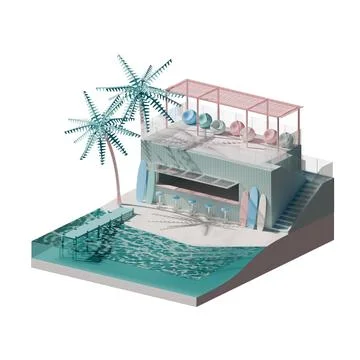 Isometric View Of A Summer Beach 3D Render Illustration Scene Stock Illustration