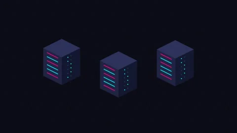 Isometric view of three glowing blue server towers on a dark background Видео 338310368