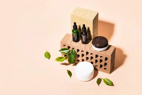 Isometric view of trendy composition made of bricks and Natural cosmetic Stock Photos