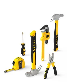 Isometric view of yellow construction tools for repair on white Stock Photos