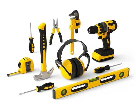 Isometric view of yellow construction tools for repair on white Stock Photos