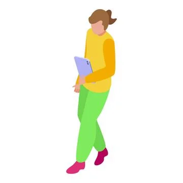 Isometric view of a young professional walking and using a tablet Stock Illustration