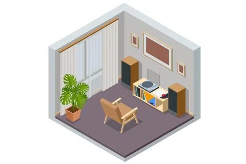 Isometric Vinyl LP record player. HiFi system with turntable, amplifier and Stock Illustration