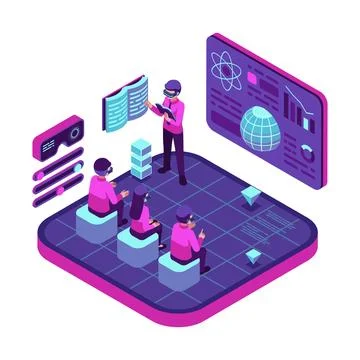 Isometric Virtual Metaverse Classroom with Teacher and Students Stock Illustration