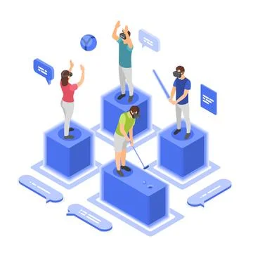 Isometric virtual reality communication. Ai technologies, people in vr glasses 스톡 일러스트