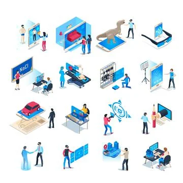 Isometric virtual reality simulations icons. Computer simulation helmet, au.. Stock Illustration