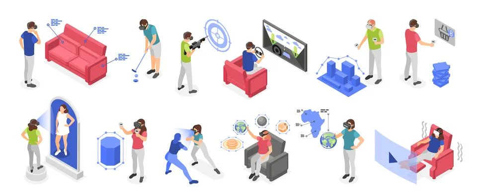 Isometric virtual reality simulators. People using vr glasses playing, shooting Stock Illustration