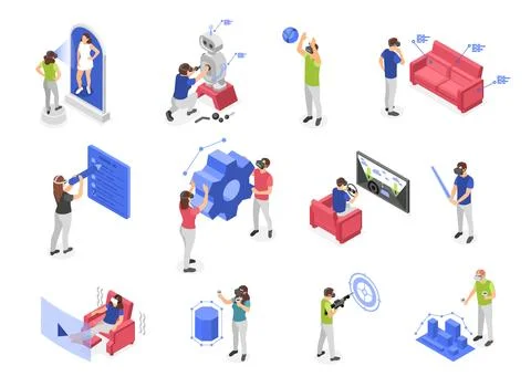 Isometric virtual reality technology. People using different gadgets in vr Illustrazione stock