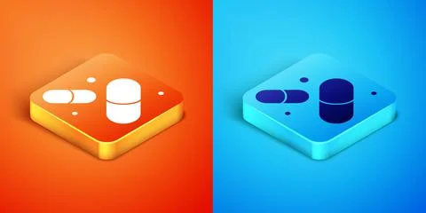 Isometric Vitamin complex of pill capsule icon isolated on orange and blue Stock Illustration