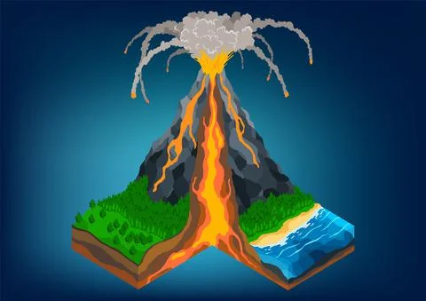 Isometric of volcano in cross section infographic. Structure include magma Stock Illustration