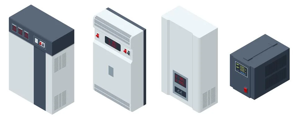 Isometric Voltage regulators set icons. A voltage regulator is a system designed Illustrazione stock