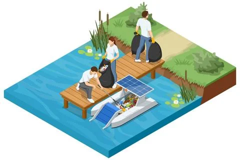 Isometric volunteers remove floating litter from water near a wooden pier using イラスト素材