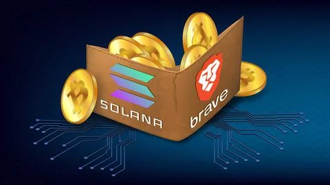 Isometric wallet full of Bitcoin BTC golden coins and logo Brave browser Stock Illustration