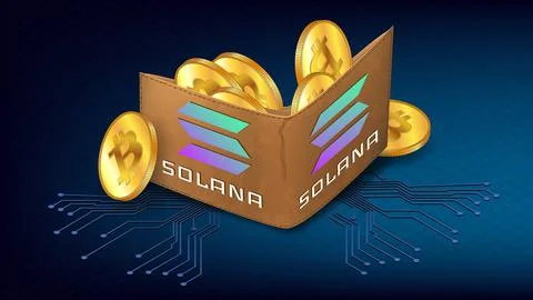 Isometric wallet full of Bitcoin BTC golden coins and logo Solana SOL blockchain Ilustración de archivo