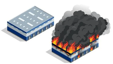 Isometric warehouse before and during large industrial fire Stock Illustration