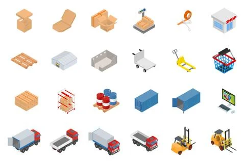 Isometric warehouse and logistics object set Stock Illustration