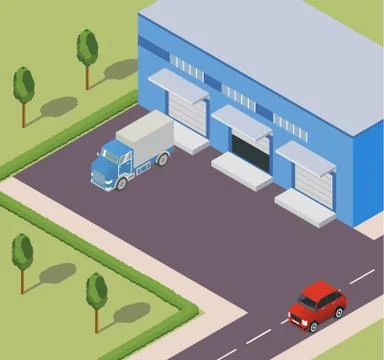 The isometric warehouse building flat trucks and the road. Stock Illustration