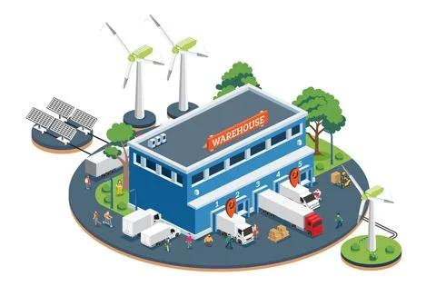 Isometric warehouse distribution center with trucks, loading docks, workers.. Stock Illustration