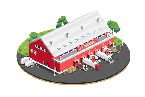 Isometric warehouse distribution center with workers, trucks and loading do.. Stock Illustration
