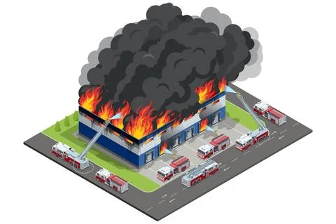 Isometric warehouse fire with multiple fire engines and heavy smoke Stock Illustration